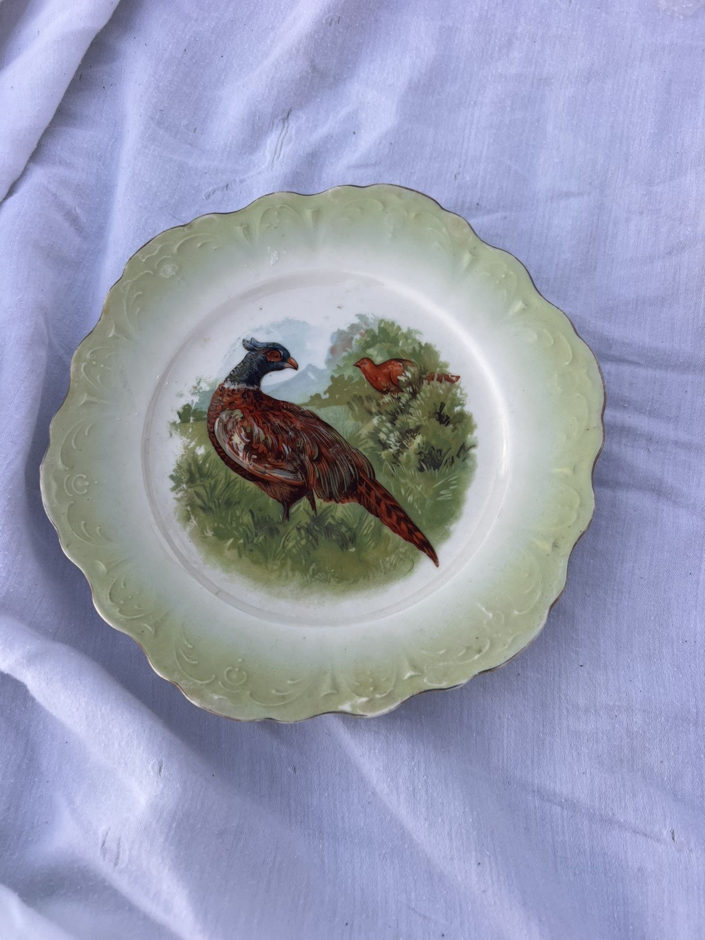 VTG PHEASANT PLATE SCALLOPED TRANSFER-LUSTERWARE GERMANY 8.5"D