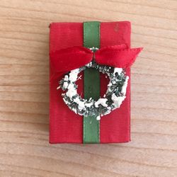 Mini Red Matchbox w/flocked wreath + Red bow + green ribbon