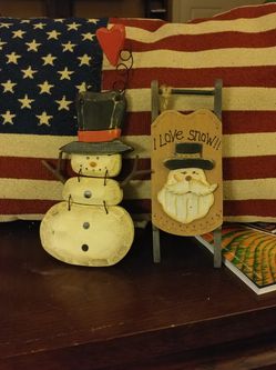 Two pieces sold as set, Both are wood craft items, vintage Snowman & Santa.