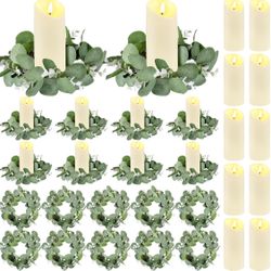 VIHOSE 20 Pcs Candle Rings Artificial Eucalyptus Leaves Wreaths with Flameless Candles Sets 10 Boho Wreath Pillar Candleholders 10 LED Pillar Battery 