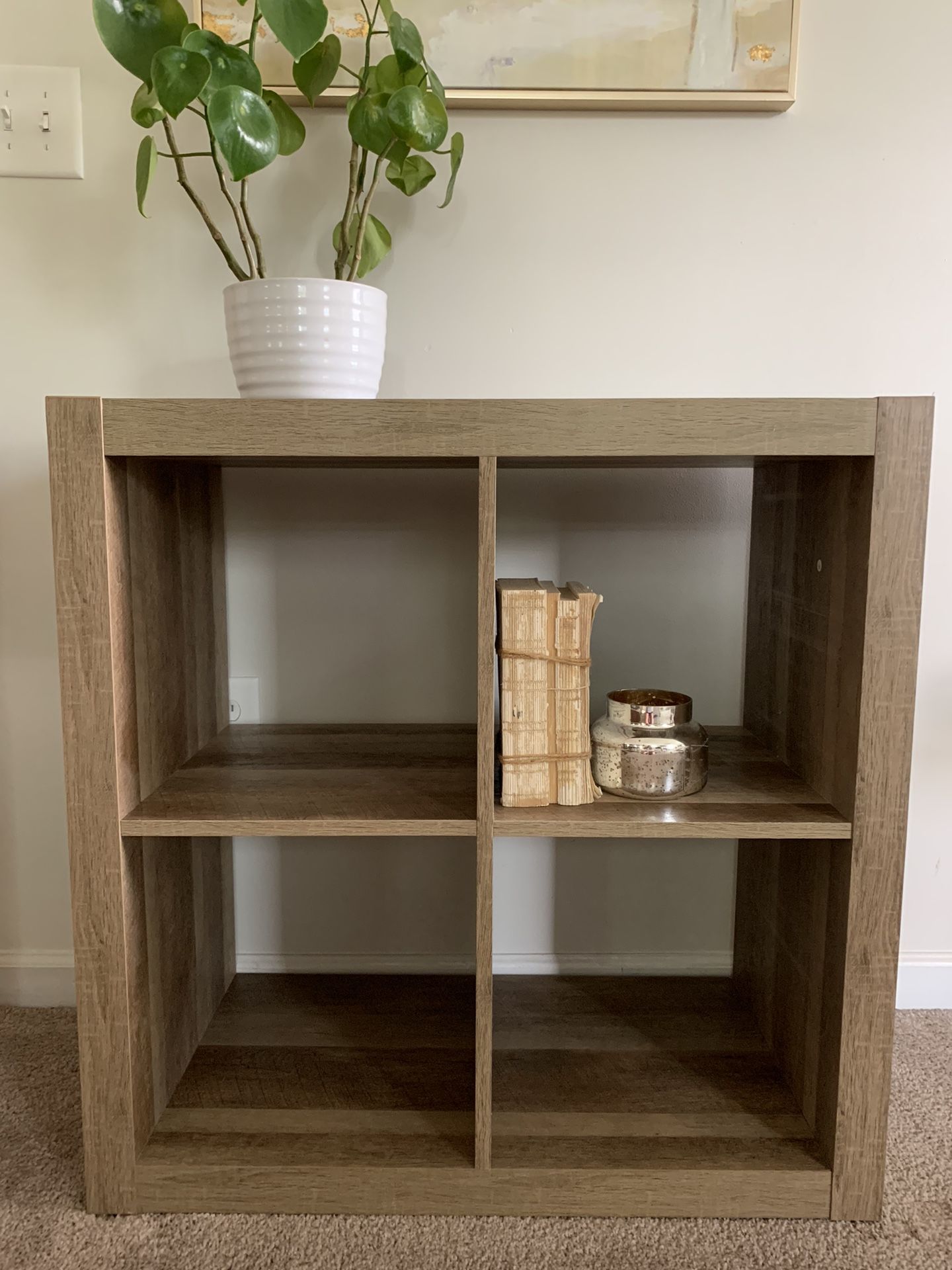  Like new! Crate & Barrel wooden 4– cube bookcase storage shelf distressed driftwood brown/gray