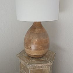 Mango Wood Teardrop Table Lamp + White Drum Shade (Gold Lining)