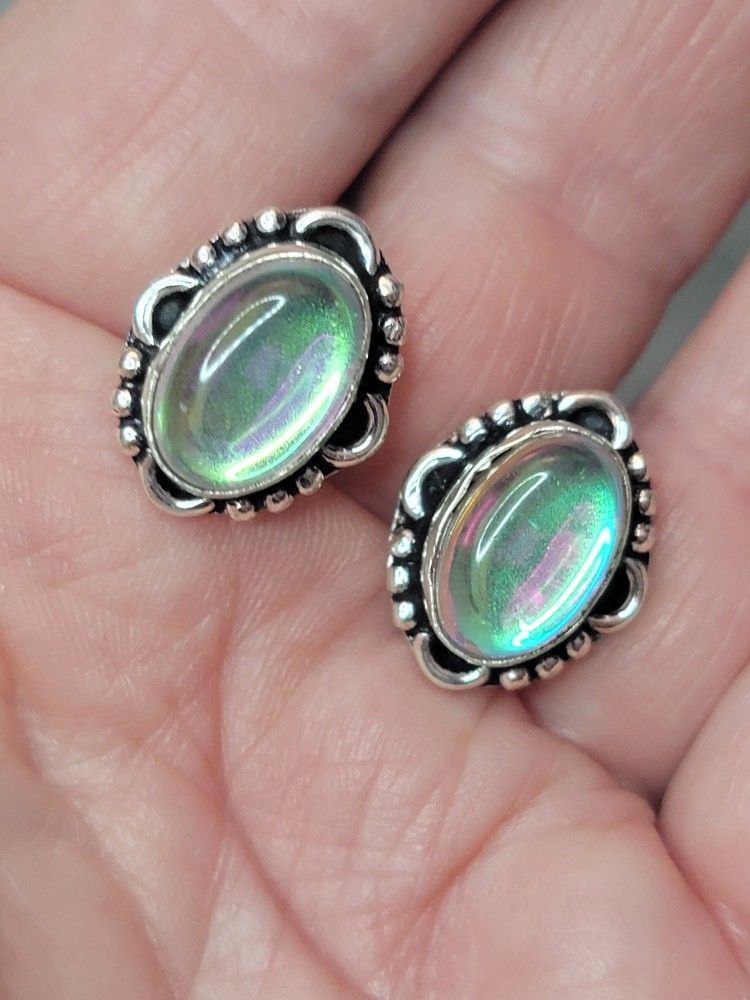 Mens Opalite Rainbow Solid 925 Silver Cuff Links.