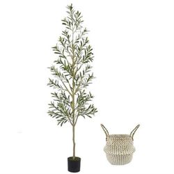 7.8ft (93”) Artificial Olive Tree, Tall Fake Olive Plant with Basket