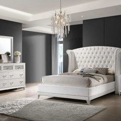 White Velvet Bed With Crystal Button Tufted Headboard