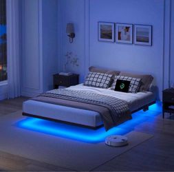 King SIZE Floating Bed Frame, Heavy Duty  with Smart LED Lights & Charging Station, K-10