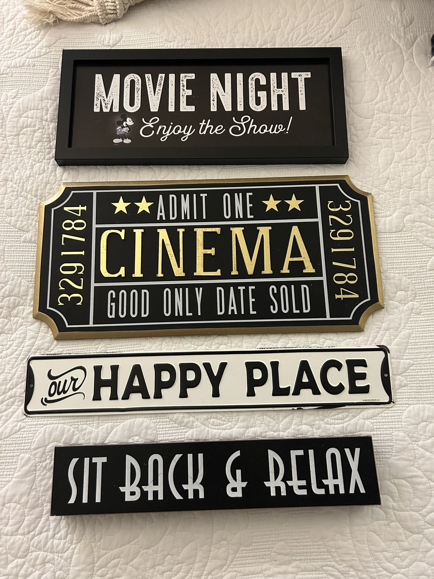 Four (4) metal and wood signs decorated for a rest or family room $35 all of them.