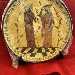 11 Inch Handmade Hand Painted Hand Etched Greek Ceramic Wall Hanging Plate Imported From Greece (Stand Not Included)