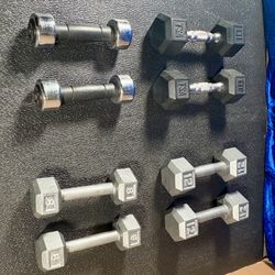Set of Hex Cast Iron Dumbbells ( light) 12#, 10#, 8# and 5 #   In total: 70 pounds.
