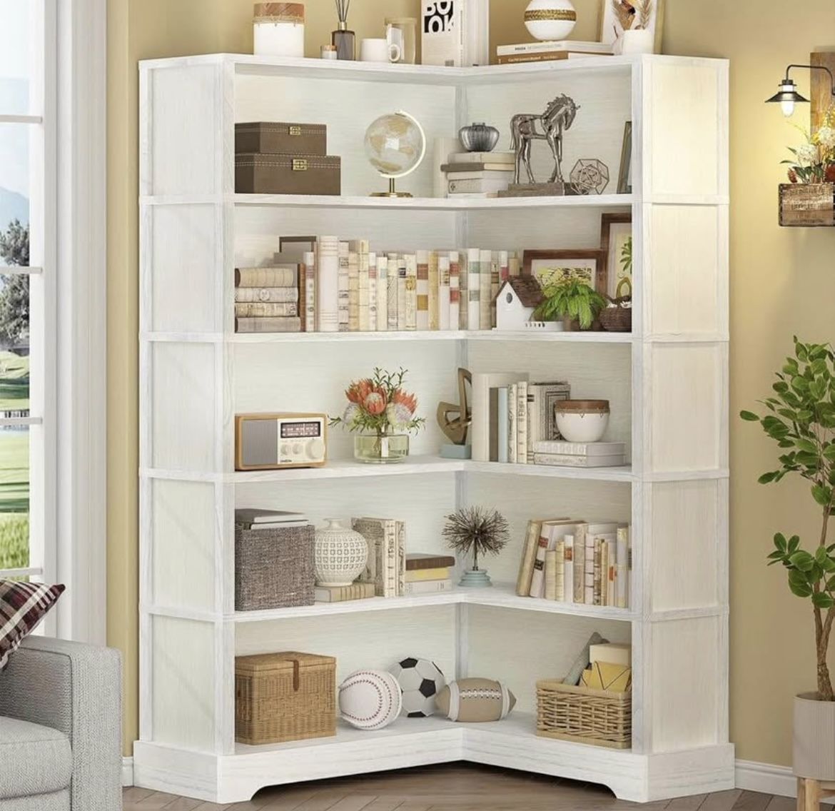 Wood Corner Book Shelf, 5 Tier 65 Inch Tall Bookshelf with Storage, Floor Standing Display Book Shelf for Living Room, Kitchen, Home Office, White