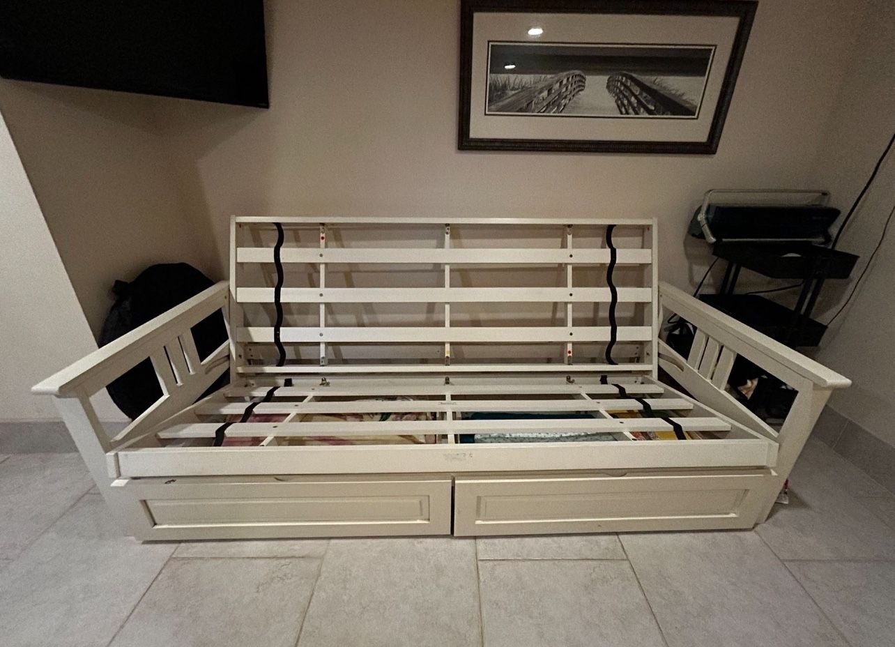 White Wood Full-Size Futon Frame w/ Rolling Storage Drawers – Lightly Used