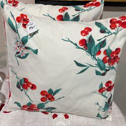Two 16” Decorative Pillows In Vintage Cherries Fabric