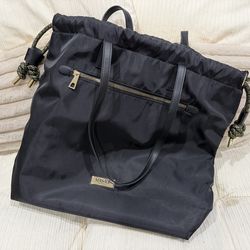 Black Drawstring Tote Bag with Blue Interior