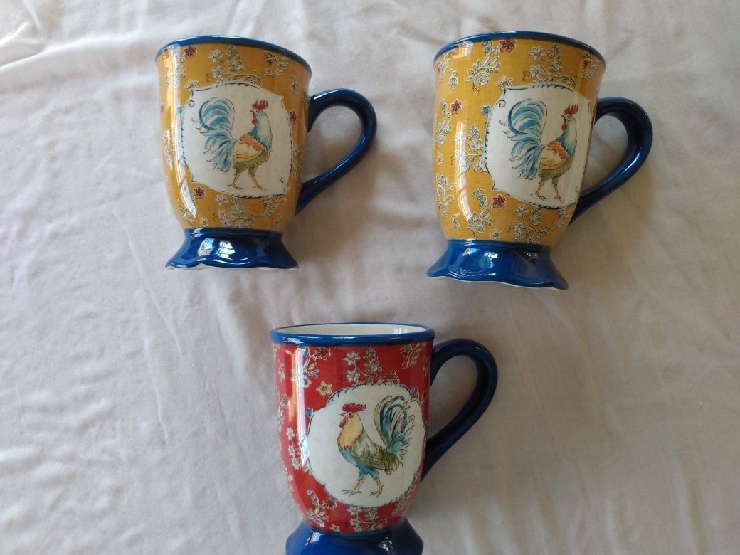 Farmhouse rooster mugs- set of 3, by Certified International, "Morning Bloom" pattern