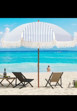 Fringe Patio Pool Umbrella 7ft Patio Umbrella Blue & White Stripe with Fringe Tassels, UV 50+ BRAND NEW!