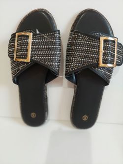 Black Rhinestone Slide Sandals with Gold Buckle