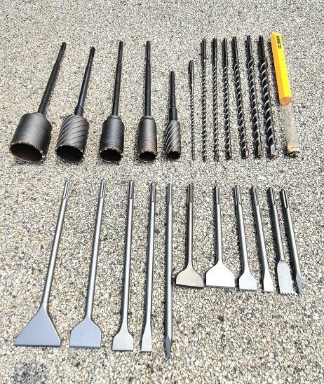 23 NEW SDS MAX CONCRETE TOOLS : 5 coring bits from 2" to 4", 7 drill bits from 3/8" to 1"-1/4", and 11 chisels for demolition and floor Scraper