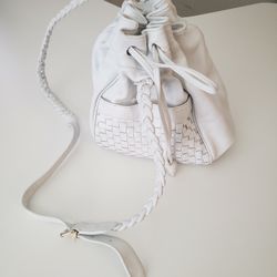 Cute White Leather Patterned Draw String Shoulder Bag Purse 