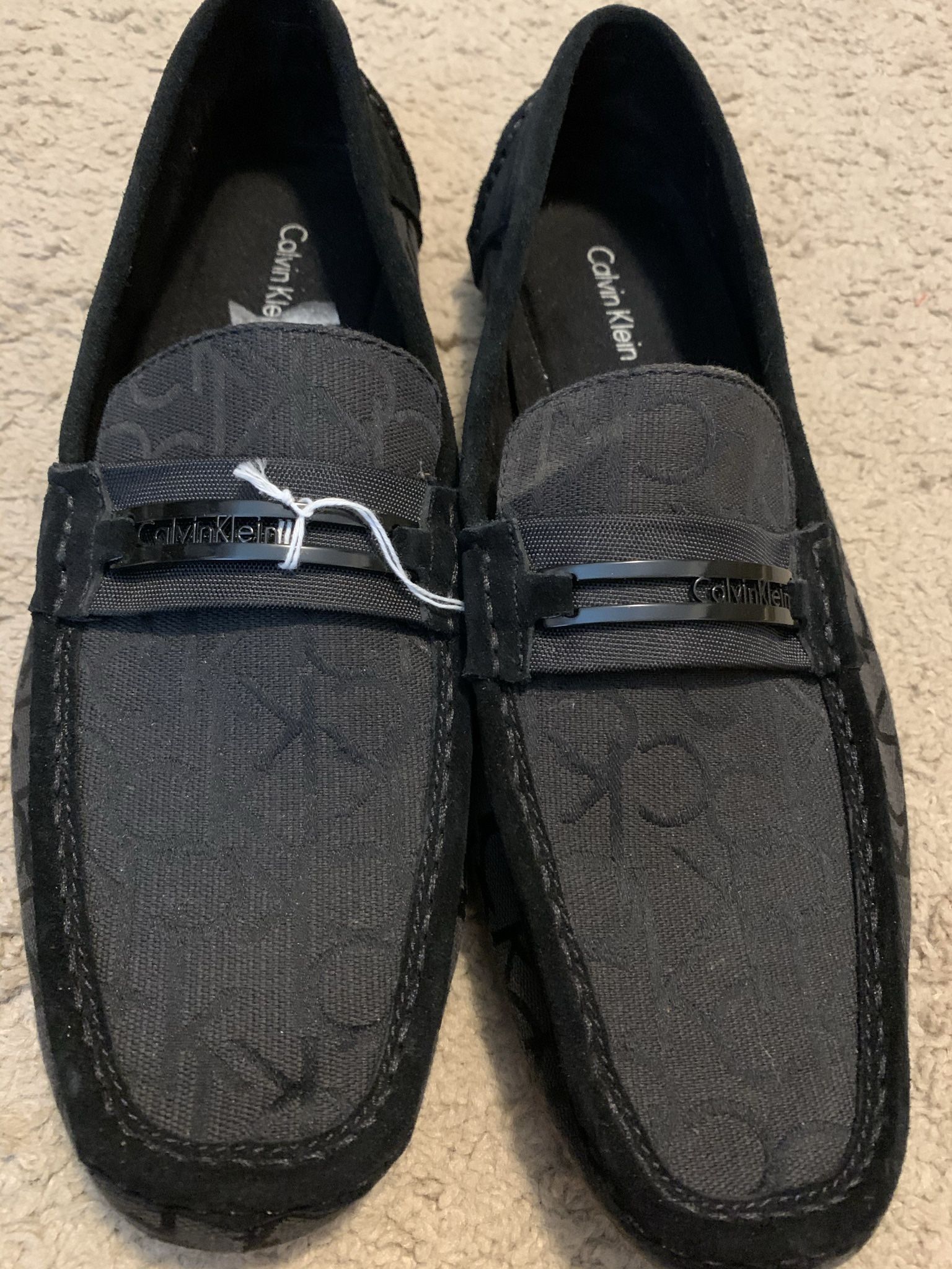 Men’s Calvin Klein Slip On Loafers In Black Logo Material And Suede W/ Metal Buckle Size 13, Very Comfortable & Flexible
