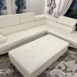 New Top Grain Leather Sectional W Adjustable Headrests.  124x94x36H.  White, Black Or Brown.  Free Delivery!