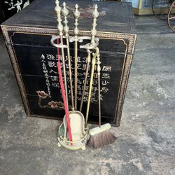 Vintage Solid Brass Fireplace Tools 5 Piece Set 