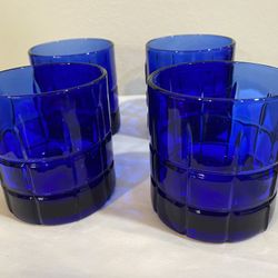 Four 1970’s Sturdy and Beautiful Anchor Hocking Tartan Cobalt Blue 10 oz Rock Glasses