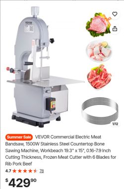 VEVOR Commercial Electric Meat Bandsaw, 1500W Stainless Steel Countertop Bone Sawing Machine, Workbeach 19.3" x 15", 0.16-7.9 Inch Cutting Thickness, 