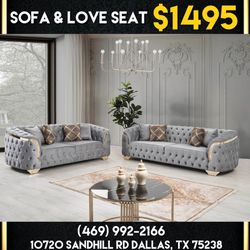 New In The Box 📦 Velvet Living Room Sofa And Love Seat ( Grey, Black, Purple, Ivory) - Delivery And Financing Available 