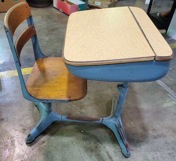 Vintage Child's School Desk BLUE Cast Iron Swivel Chair & Adjustable Desk Top KY