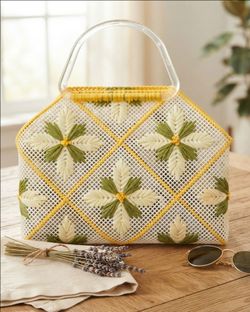 Handmade Plastic Woven Floral Handbag - yellow,  olive green [c. 1980]