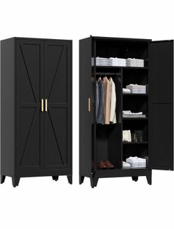 71" Tall Metal Wardrobe Closet with Adjustable Shelves and Hanging Rod, 2 Doors Office Storage Locker Cabinet for Home, Office, Bedroom, Laundry Room,