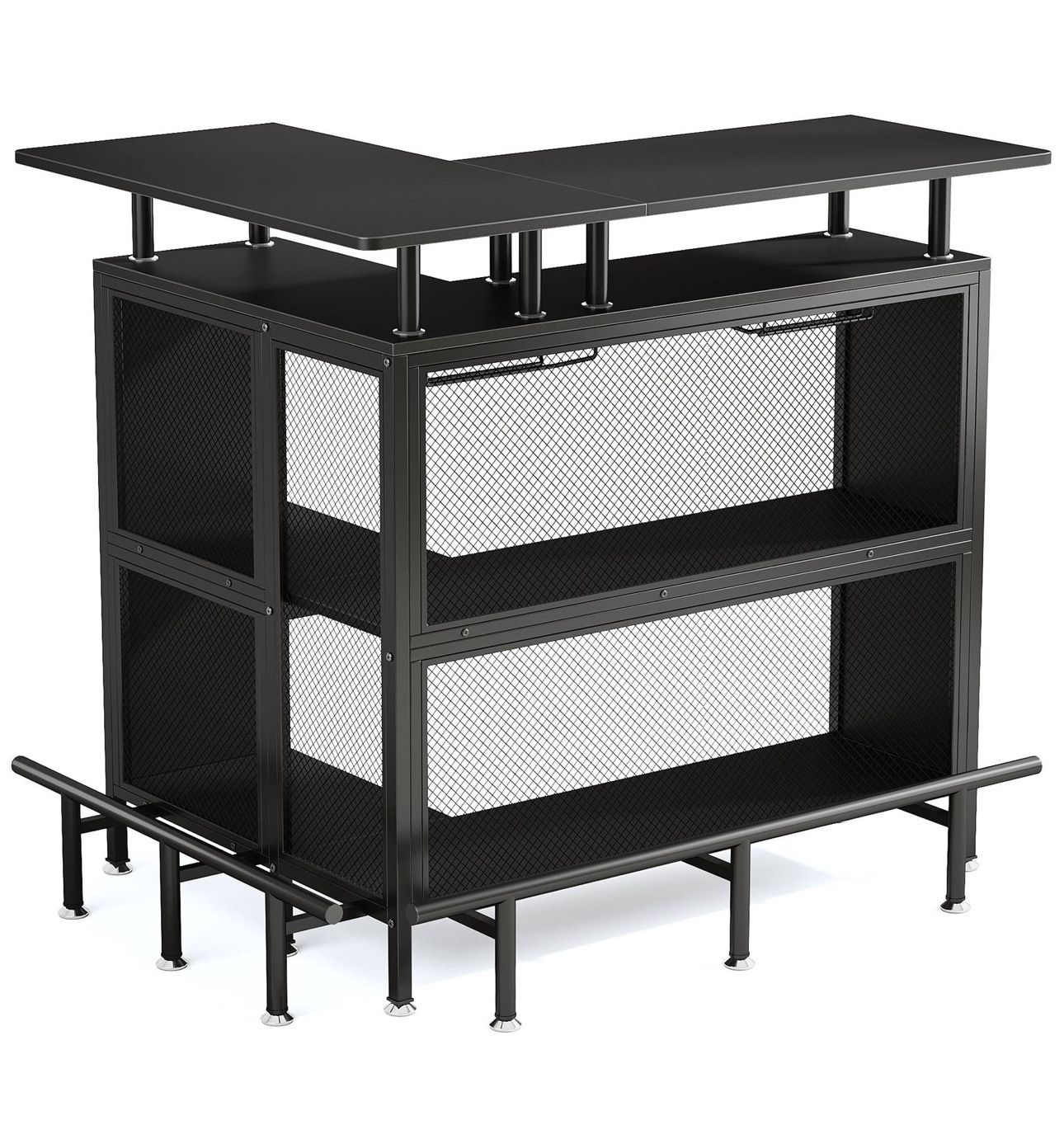 L-Shaped Home Bar Unit, Liquor Bar Table with Glasses Holders & Shelves