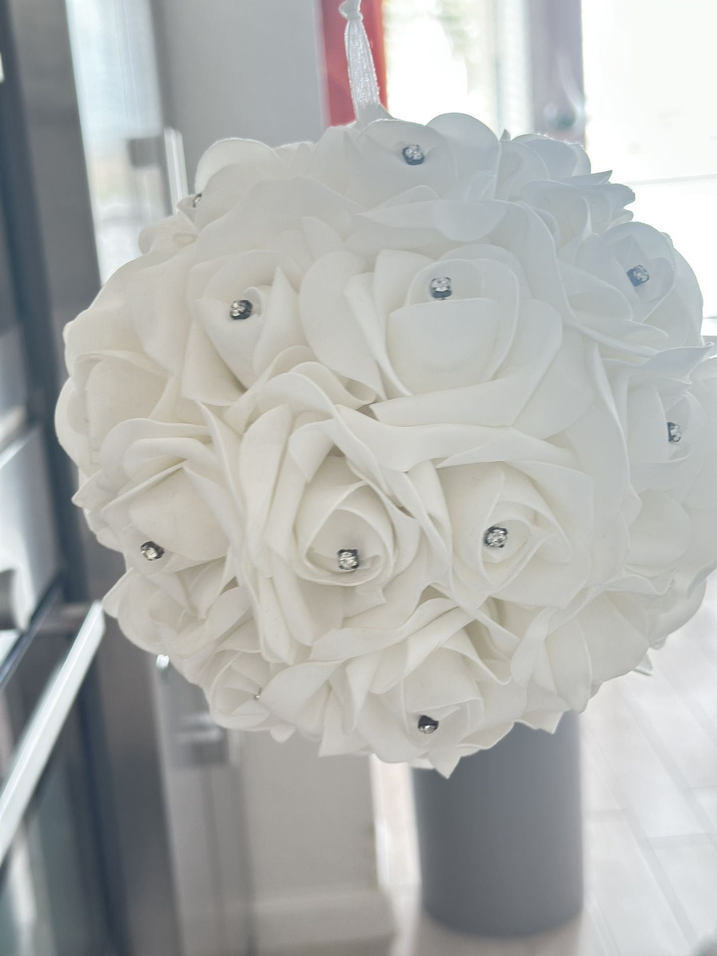 Elegant Hanging Flower Ball Decoration – White with Rhinestones