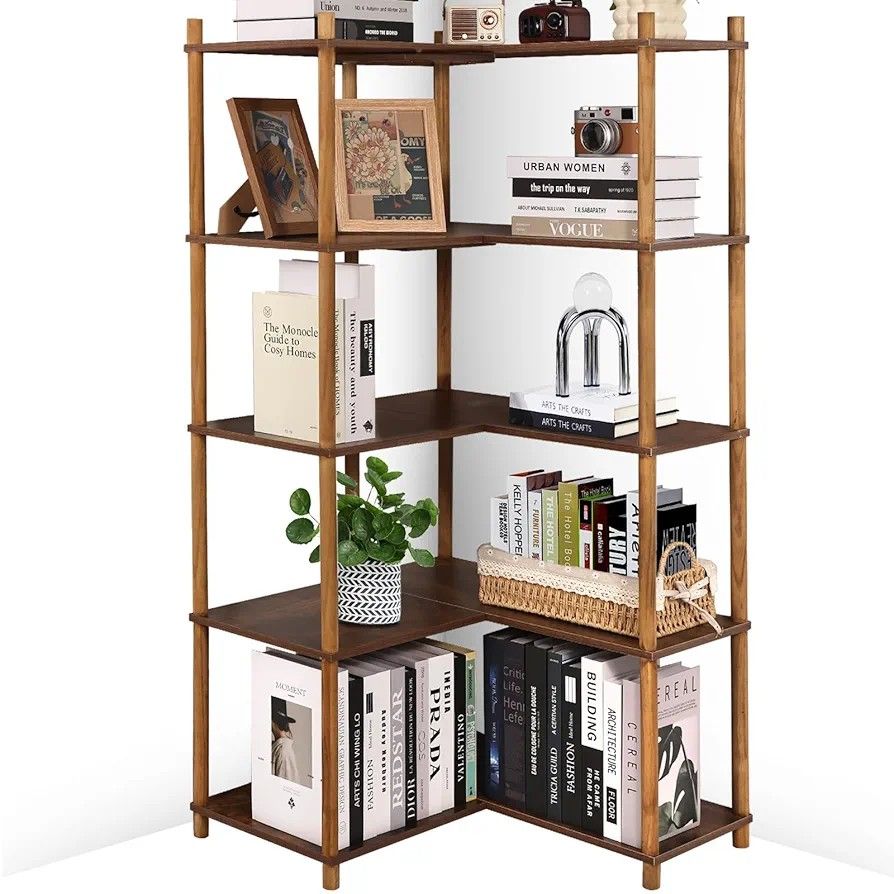 YGYQZ Bookshelf 5 Tier, Reversible Corner Bookshelf, 63" Tall Wood Corner Shelving for Living Room, Bedroom, Kitchen, Home Office, Rustic Brown, 5 Tie