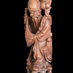 Vintage Chinese Hand Carved Old Wise Man with Cane and Scroll Statue Wood