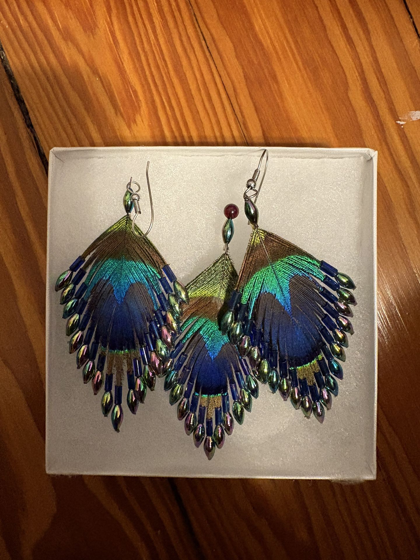 Real Peacock Feather Earnings And Broach