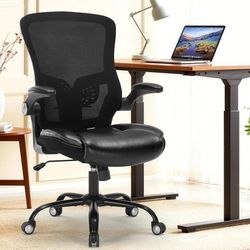 Ergonomic Office Chair, PU Leather Ergonomic Desk Chair with Mesh Back Adjustable Lumbar Support Home Gmaing Desk Chair with Wheels and Flip-Up Armres