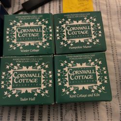 Set a four corn wall cottage collection hand painted cold cast porcelain cottages. Winter cottage, Hampshire Manor, tutor Hall, Kent, College& Kiln
