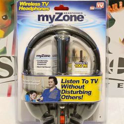 New My Zone Brand Wireless TV Movie Headphones Black w/ Reciever