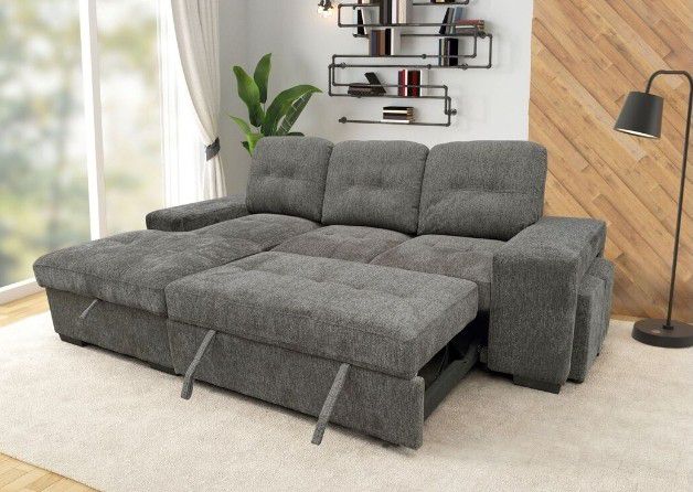 Kevin Sectional With Pull-Out Bed, Couch Livingroom Sofa Blackfriday Christmast Holiday Elyza Ashley Comfy Comfortable  Ottoman 