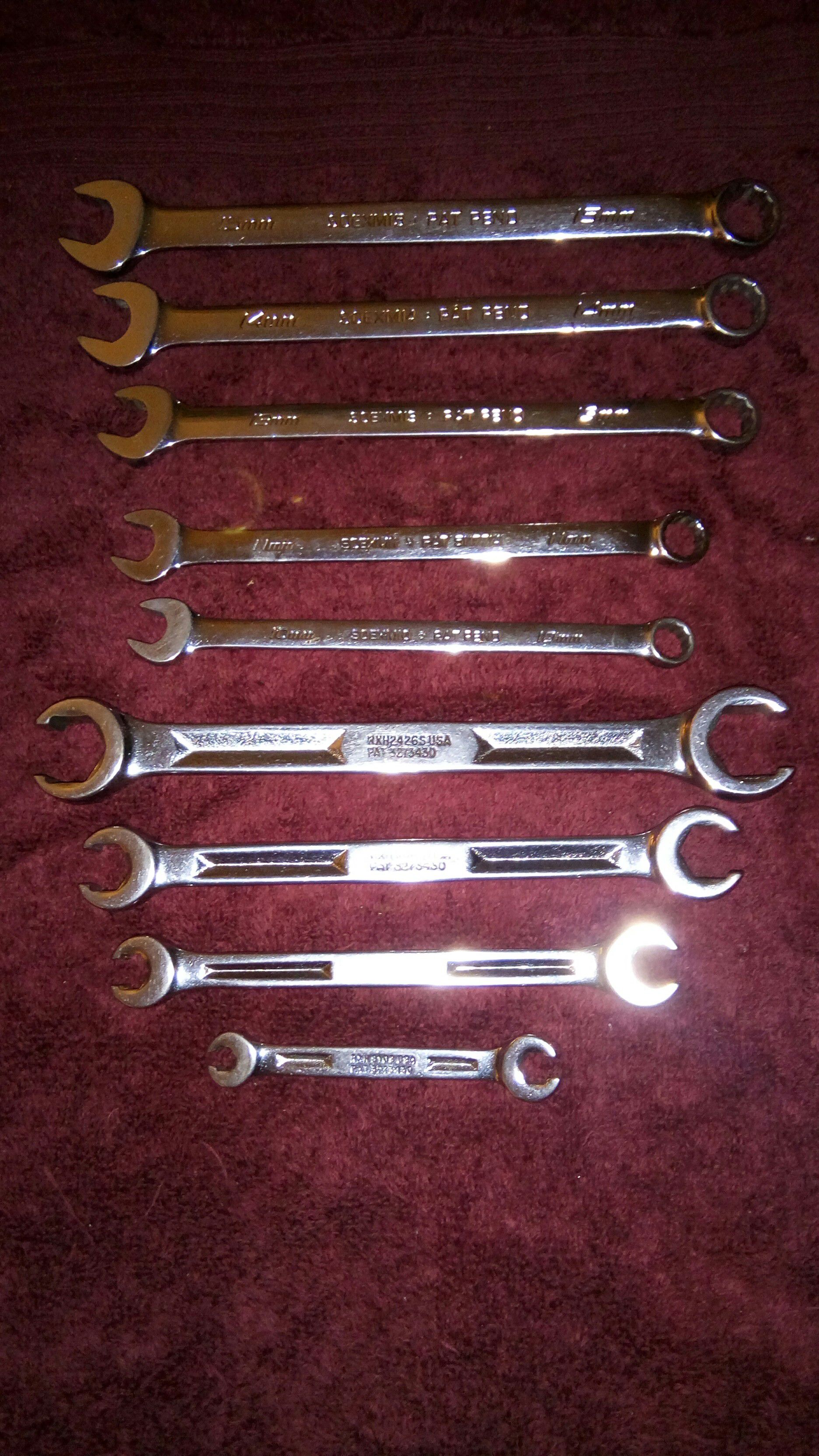 Snap-On Set of 5 Metric Flank Drive Plus Combination Wrenches & Set of 4 Flare Nut Line Wrenches