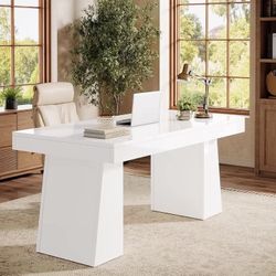 55" White Executive Desk, Mid-Century Home Office Desk with Double Trapezoid Base, Versatile Workstation Desk.