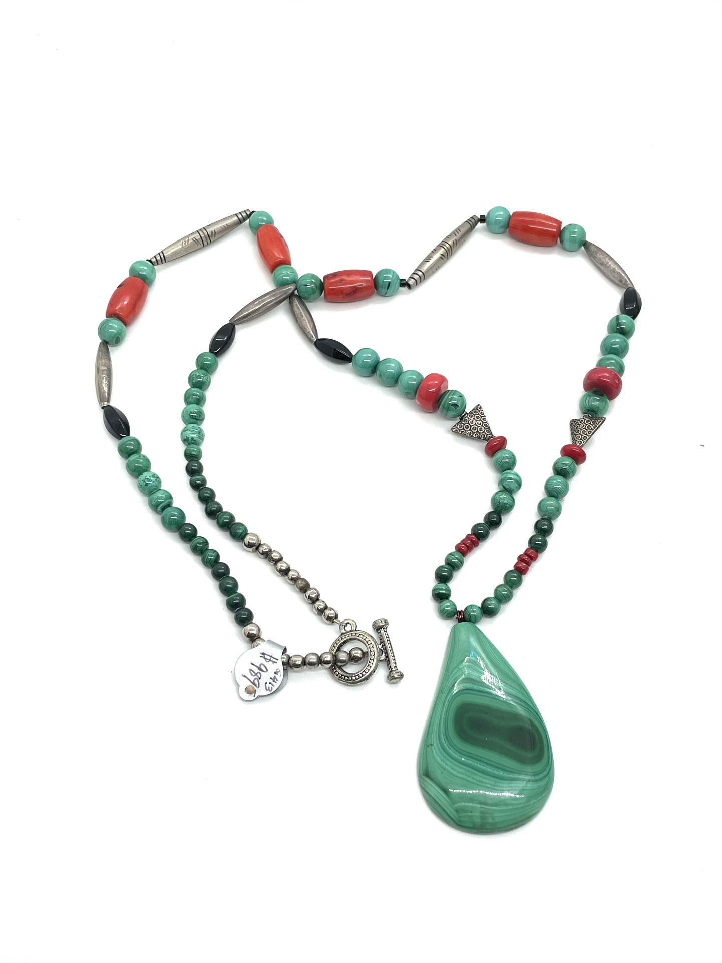 Sterling Malachite And Coral Necklace