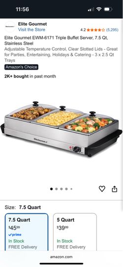 Elite Gourmet 7.5 QT stainless steel buffet server with warming tray