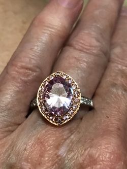 14k multi color gold pink Topaz ring white gold band and rose gold top