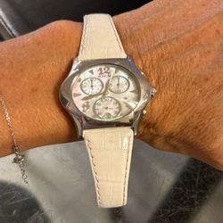 Honora silver Mother pearl Chronograph watch with white leather strap