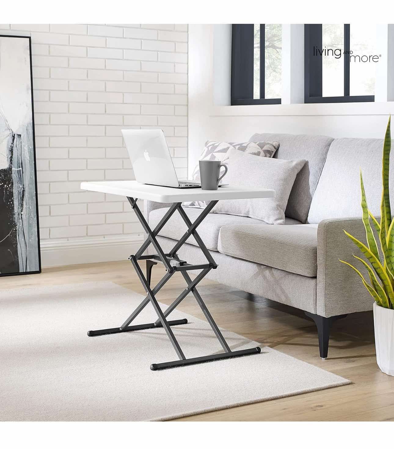 Living and More 28inch Height-Adjustable Personal Table, TV Tray, Portable White