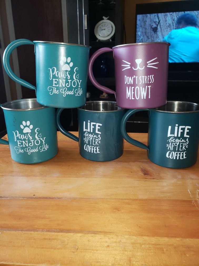 NEW 5 TIN COFFEE CUPS