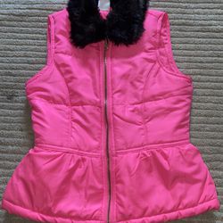 Girls Hot Pink Puffer Vest With Black Furry Collar