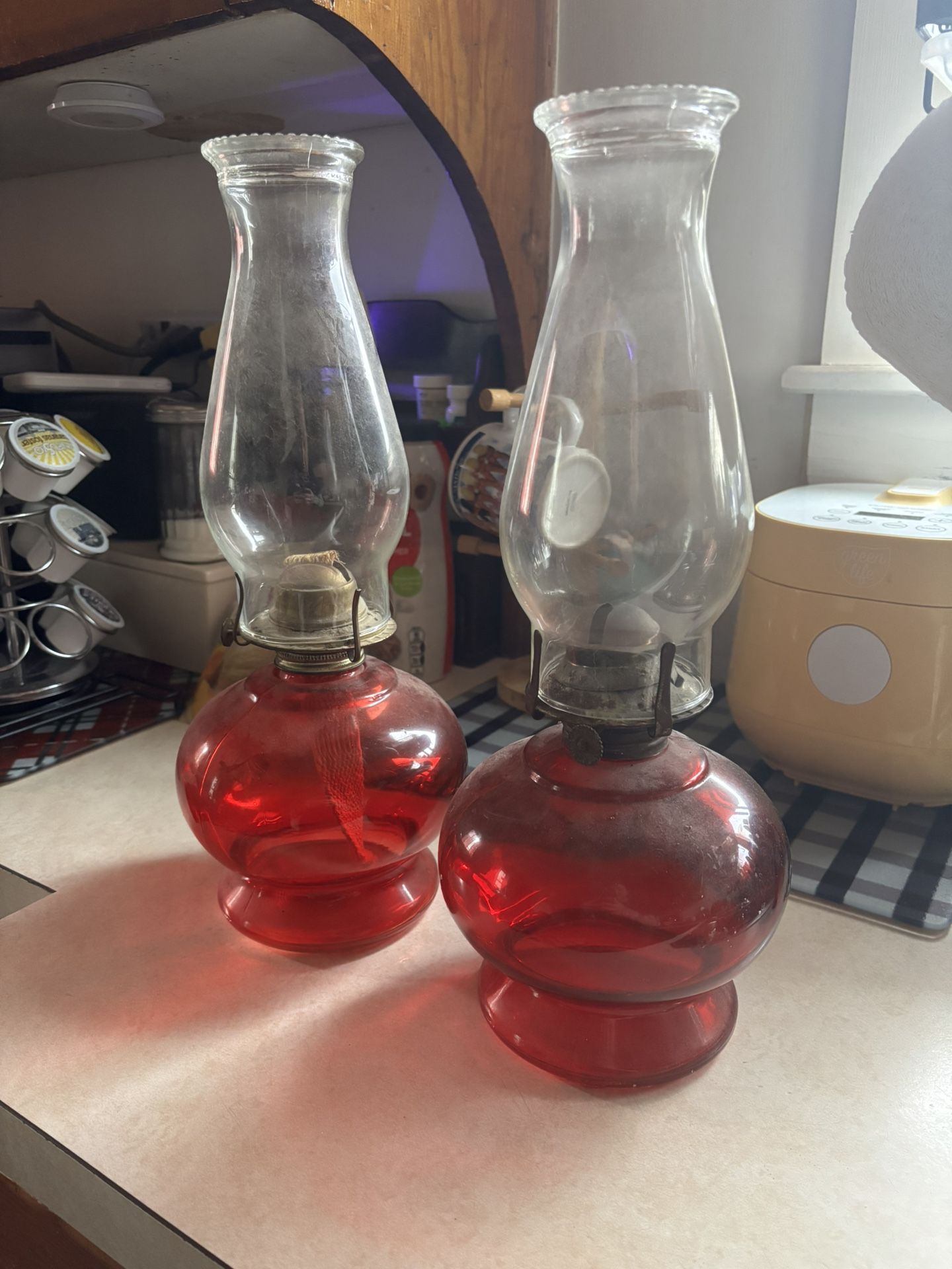 Vintage Red Glass Hurricane Oil Lamps Pair